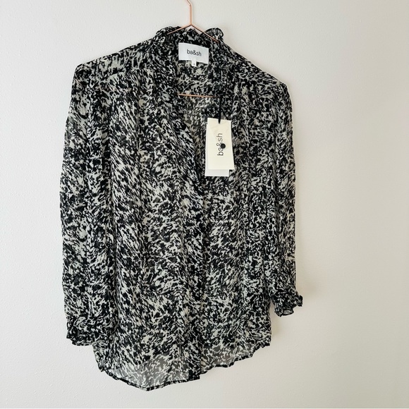 New BA&SH Ruffle-trimmed Animal Print crepon blouse top sheer - Picture 5 of 8